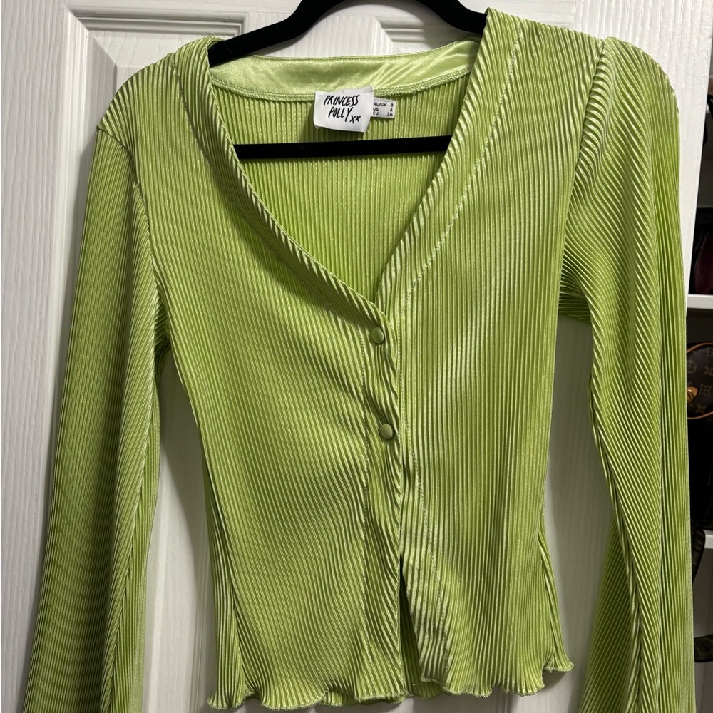 Princess Polly Lime Green Ribbed Button-Front Long Sleeve Top